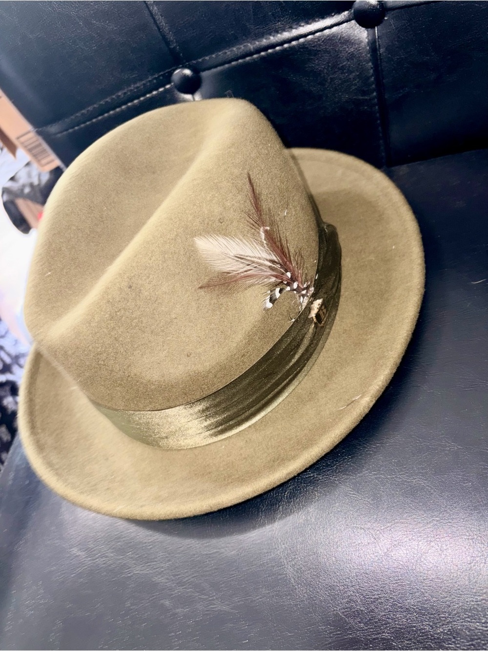 Olive Green Wool Fedora Hat with Feathers - Men